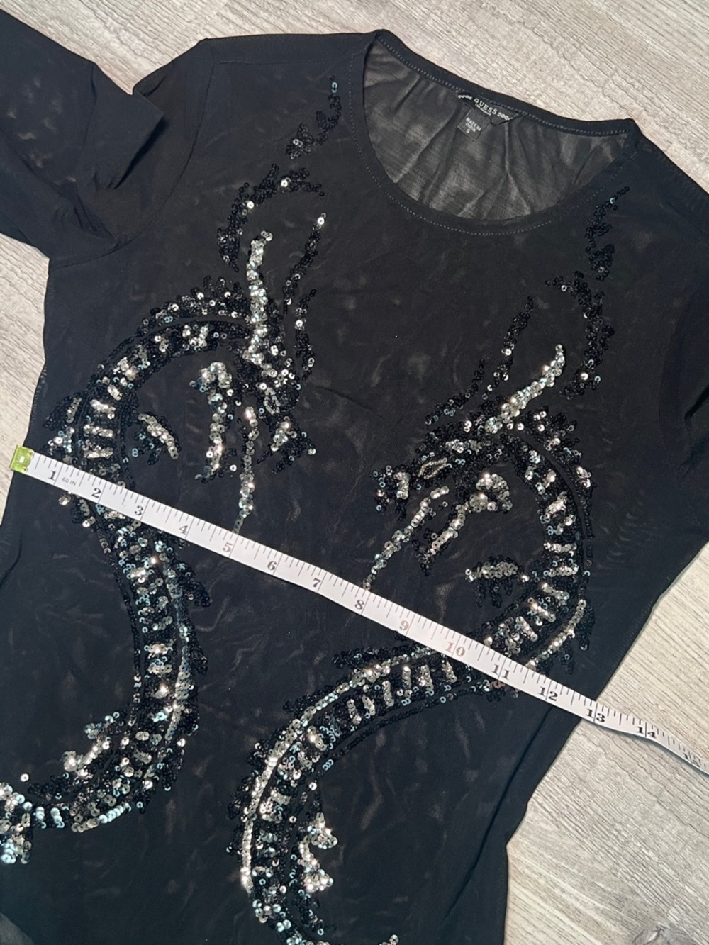 GUESS Black Sheer Long Sleeve Sequin |Dragon Mesh Bodysuit - Picture 8 of 10